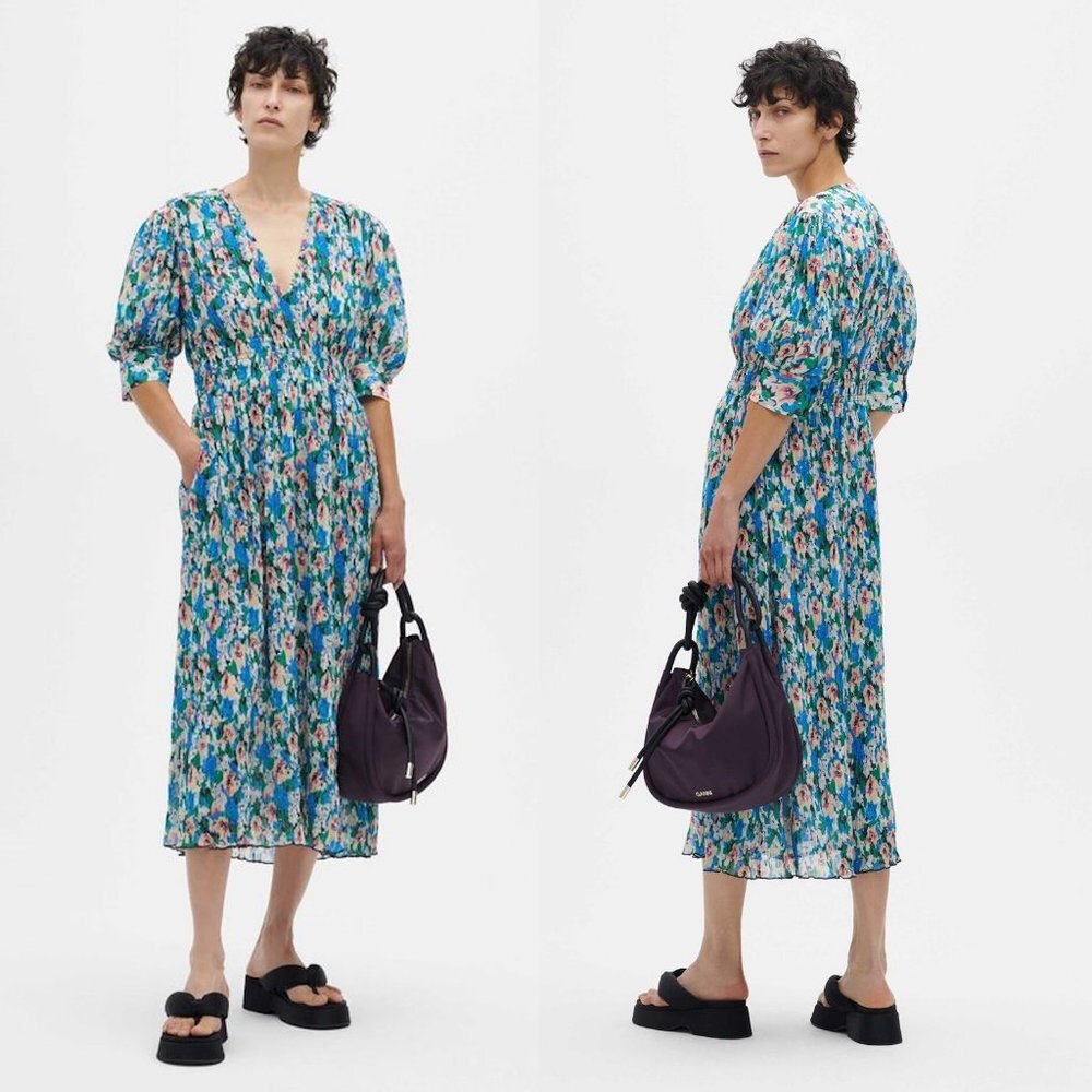 NWT New $325 GANNI Multicolor V-Neck Midi Floral Azure Blue Dress Size 42 US L